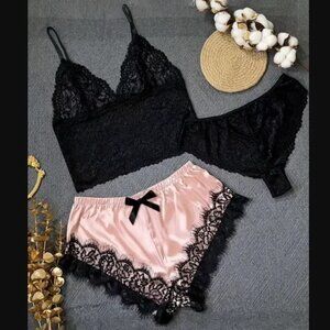 Elegant Floral Lace Pajama Set, Hollow Out V Neck Cami Bra & Panty & Shorts Sz M